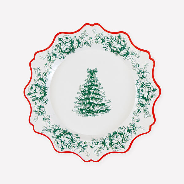 Our Christmas side plates, made from heavyweight paper, feature a fancy Toile de Jouy print and a red ornate border for a stylish look. Image1