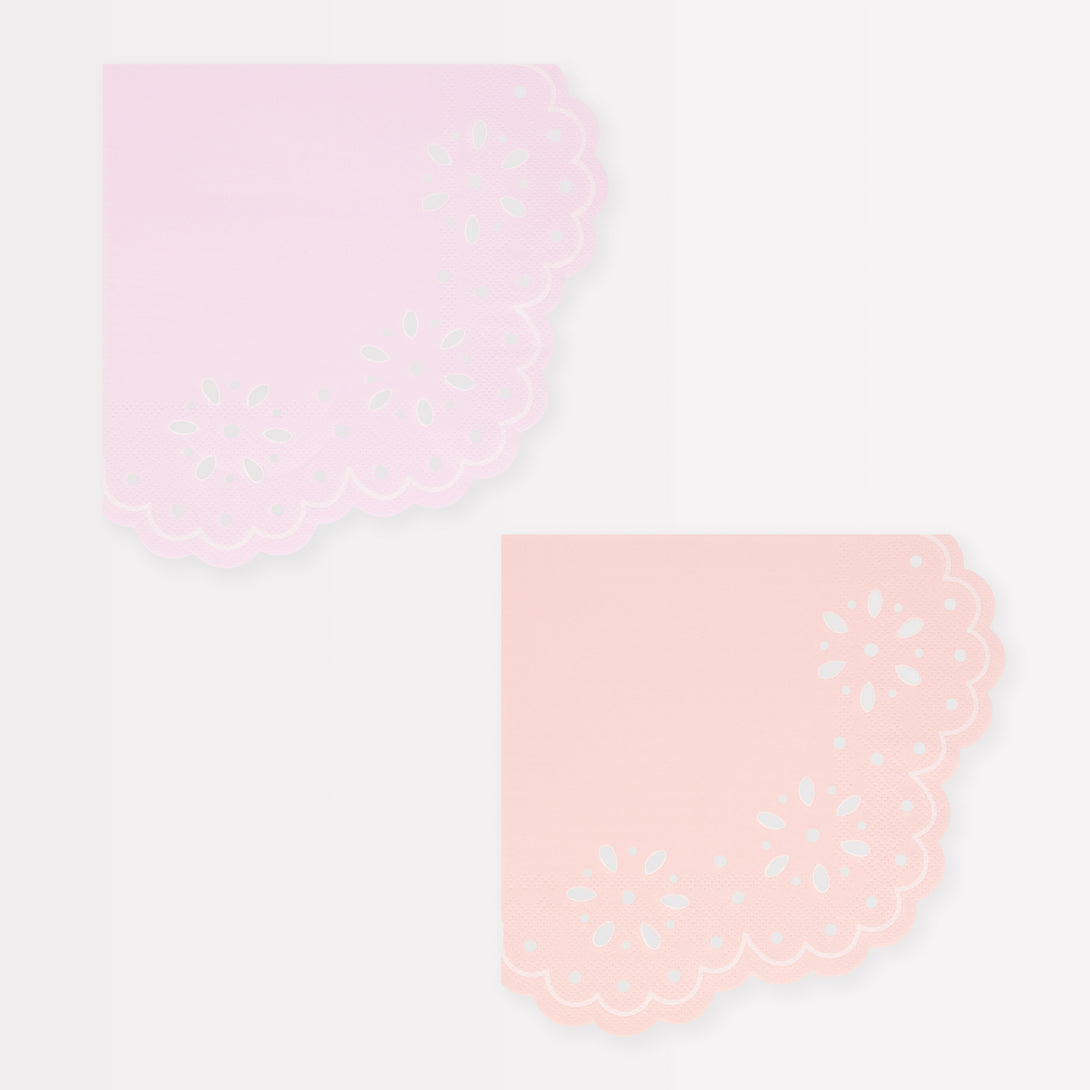 Our large party napkins, pink and peach napkins, have a pretty embossed lace design.