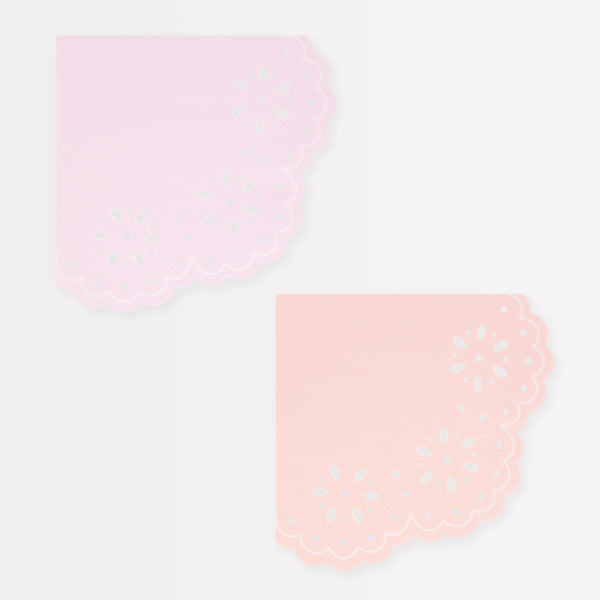 Our large party napkins, pink and peach napkins, have a pretty embossed lace design.