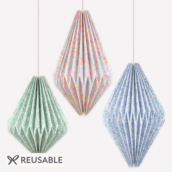 Our Liberty lantern decorations come in three shapes and sizes, each with a Liberty floral print design in blue, pink or green. Image1