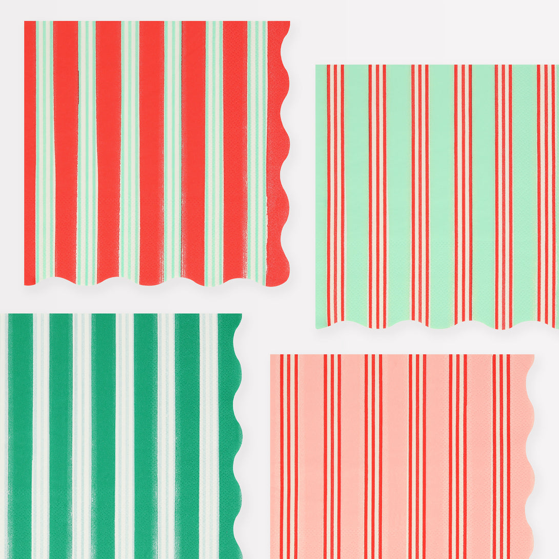 Our large striped napkins, in festive colours with scalloped edges, are perfect for all your Christmas meals.