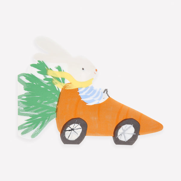 Add fun and style to your Easter dinner with our special paper napkins featuring a bunny in a carrot-shaped racing car. Image1