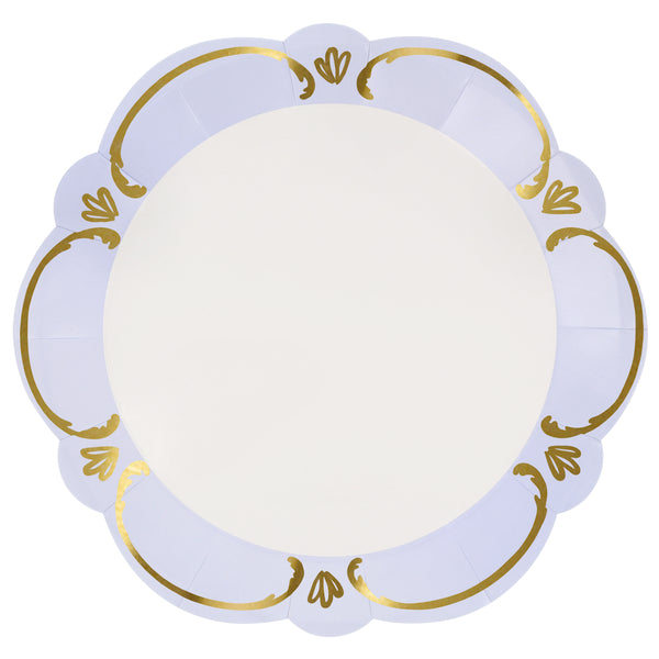 Our pastel plates, made from premium paper in pink, blue, yellow and green, with shiny gold foil details, have an elegant rococo design. Image5