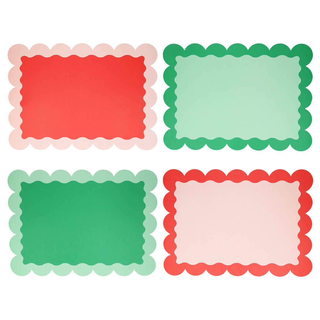 Our paper placemats are crafted in Christmas colours of red and green, with a modern pop of pink, and stylish scalloped edges.