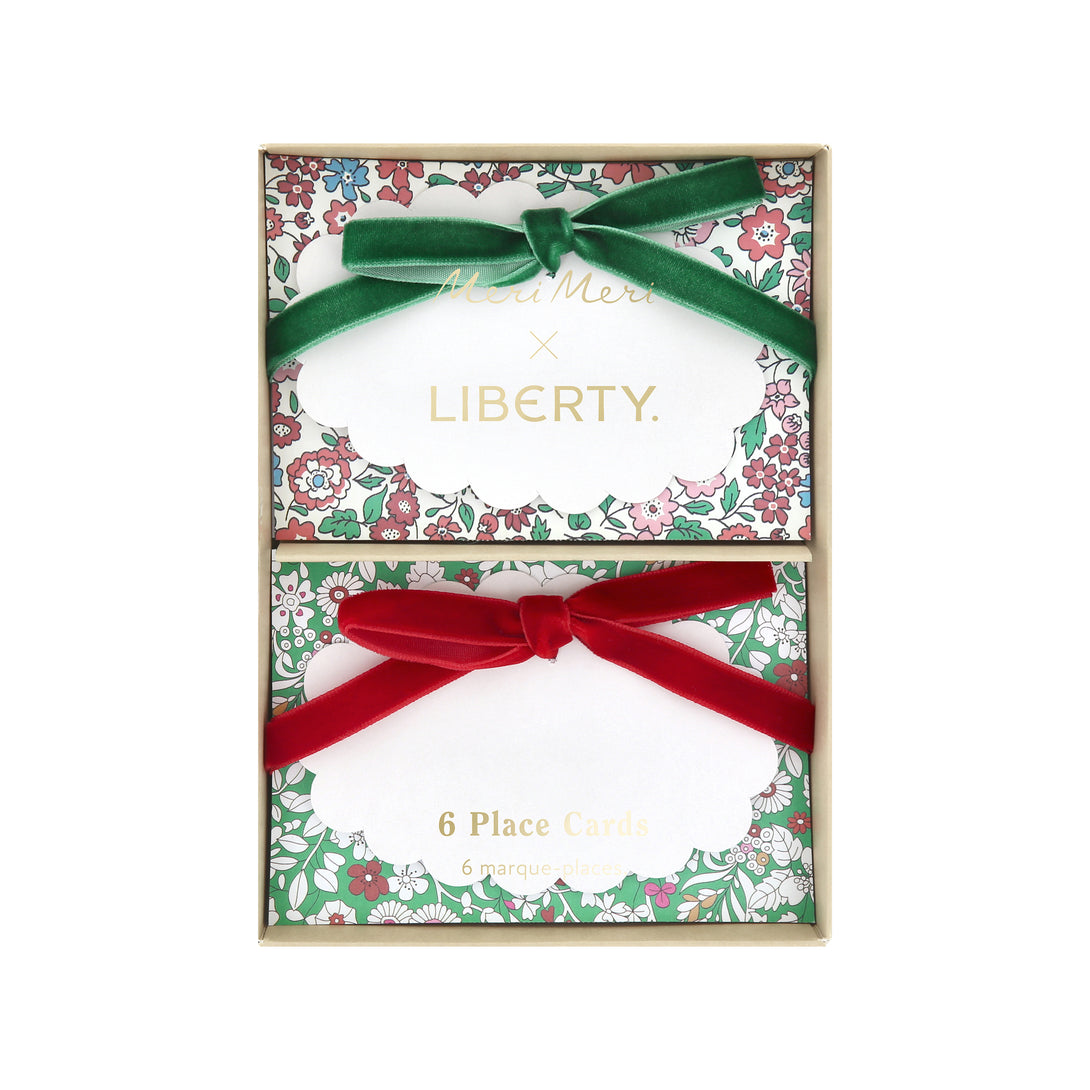 Our Christmas  place cards feature joyful Liberty prints, soft velvet bows, matt gold foil details and scalloped paper cards to write the names on. Image4
