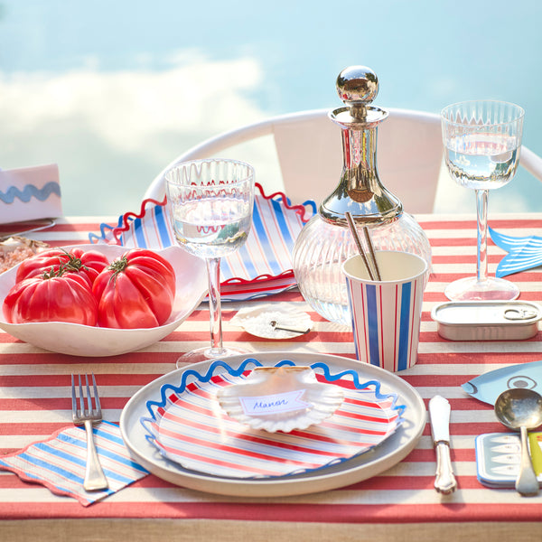 Our side plates, made from paper with a wavy edge, feature bright nautical stripes in red, blue and white, ideal for summery gatherings. Image2