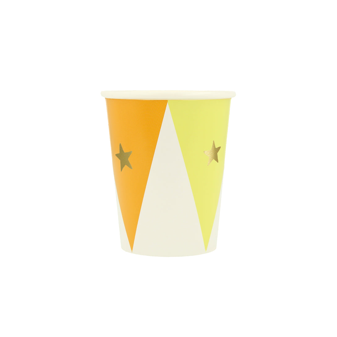 Our circus cups are perfect for a circus themed party, with bright colours and shiny gold foil stars.