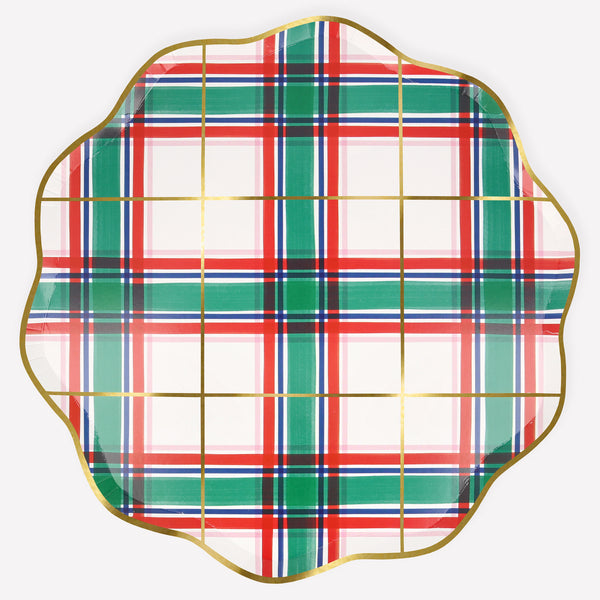 Our disposable plates features a Christmas tartan design of red, green, white and gold, ideal for a traditional festive effect. Image1