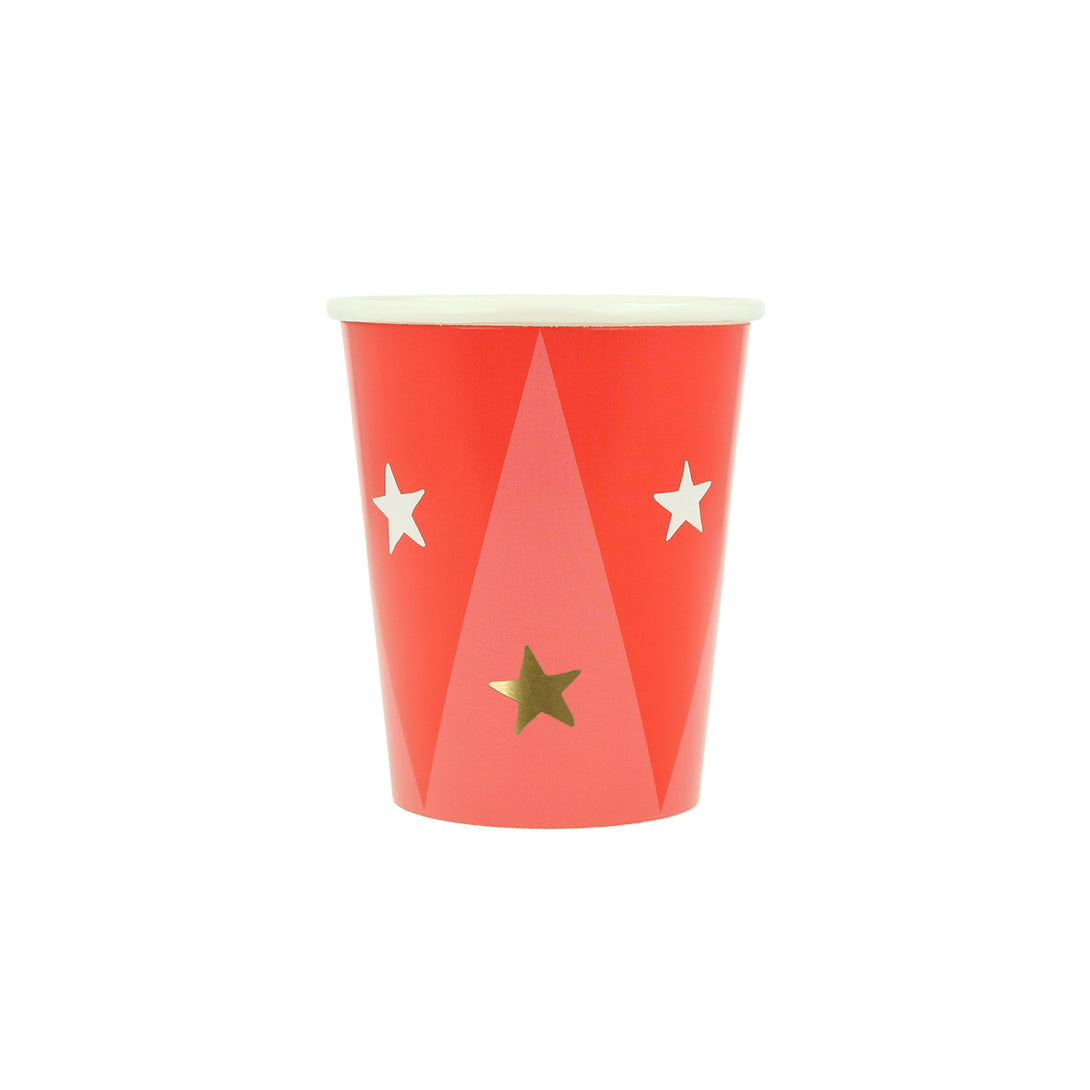 Our circus cups are perfect for a circus themed party, with bright colours and shiny gold foil stars.