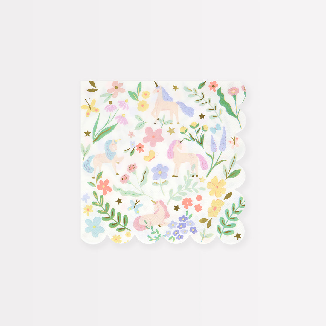 Our small unicorn napkins are crafted in pastels and shiny gold foil with pretty flower designs.