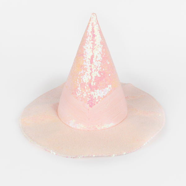 Our pink witch hat is made with iridescent pink sequin fabric and pink tulle for a shimmering, stylish Halloween costume. Image2
