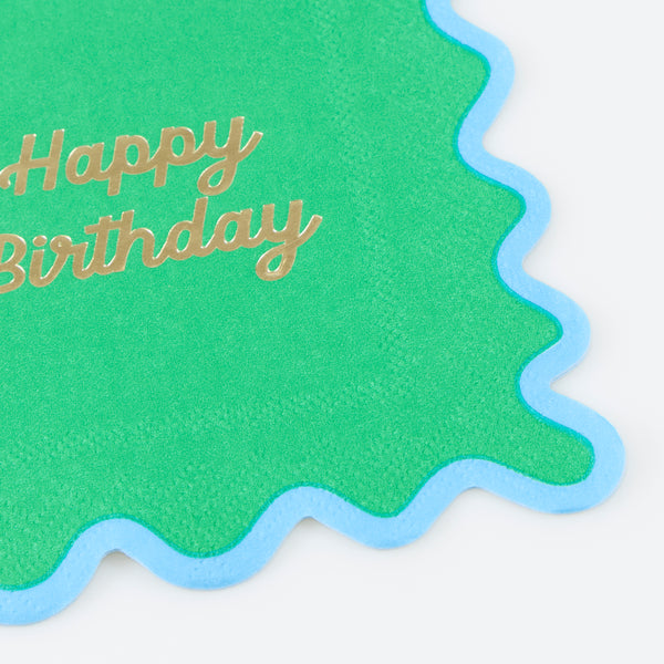 Our birthday napkins, made from paper in a small size, feature four bright colourways, a ricrac style edge, and a shiny gold foil Happy Birthday. Image3