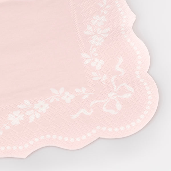 Our large paper napkins are a beautiful combination of pastel pink with white ornamental patterns, perfect for bridal showers or baby showers. Image2