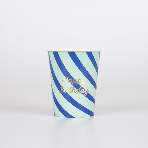 Our birthday cups look amazing with bright stripes of colour and shiny gold foil details. Image3