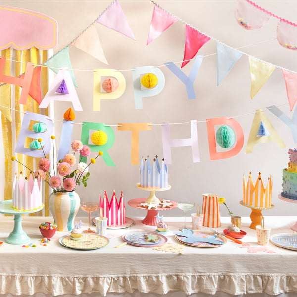 Our paper birthday plates, in a large dinner plate size, feature a shiny gold foil Happy Birthday message with stripes and neon stars, joyful! Image2