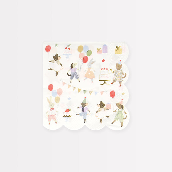 Use our small paper napkins, with an adorable animal design, to add to your first birthday party supplies or baby shower needs.