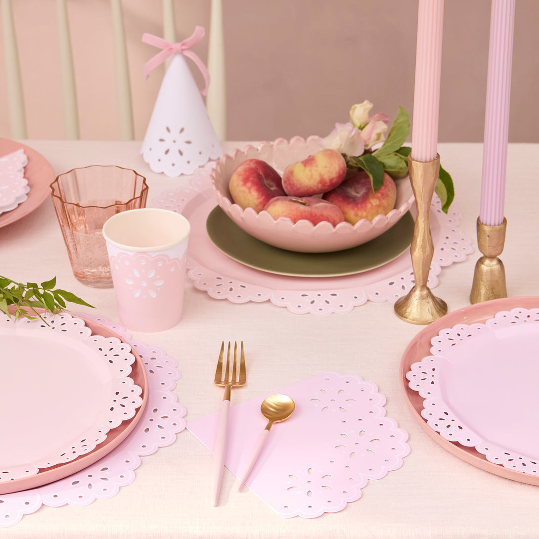 Our large party napkins, pink and peach napkins, have a pretty embossed lace design.