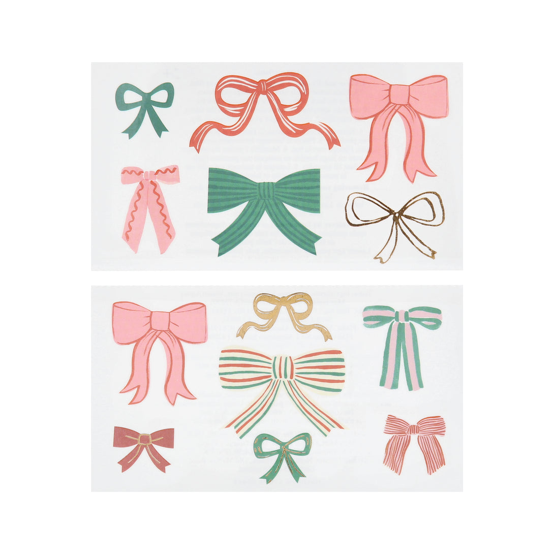 Our temporary tattoos feature Christmas bow designs in a mix of classic and modern colours with shiny gold foil details for a stunning look. Image2