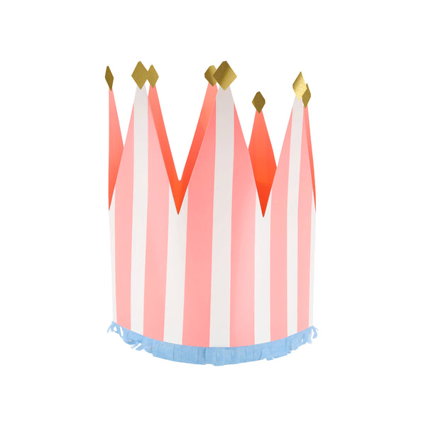 Our paper crowns, made with vibrant stripes, tissue paper fringing and shiny gold foil details, are the perfect birthday party hats. Image9