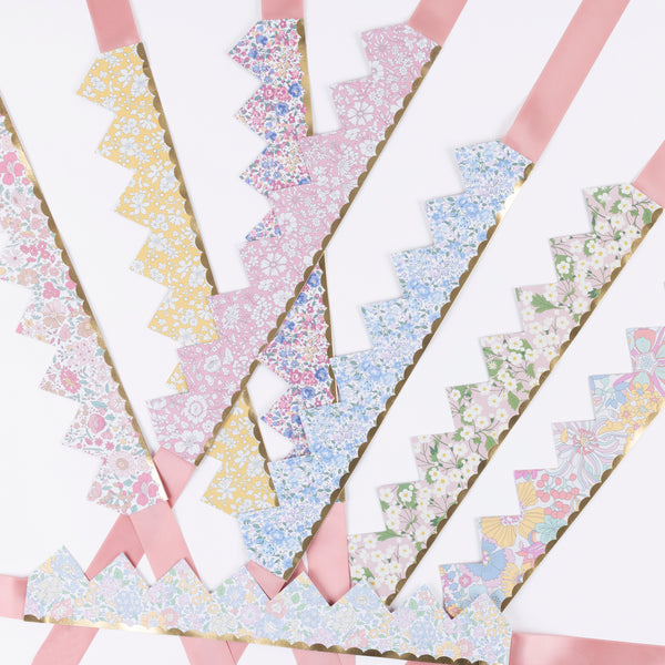 Our sophisticated paper hats are crowns with Liberty print designs, pink ribbons and gold foil, perfect for bridal showers and baby showers. Image5
