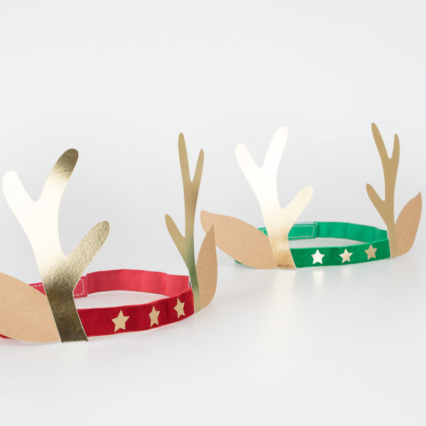 Our antler headbands, with velvet bands, shiny gold stars and antlers, and reindeer ears, make fun Christmas headwear. Image4