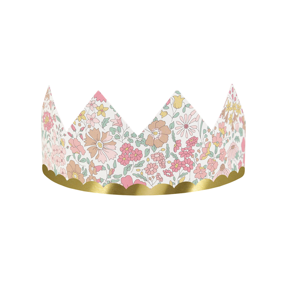 Our sophisticated paper hats are crowns with Liberty print designs, pink ribbons and gold foil, perfect for bridal showers and baby showers.