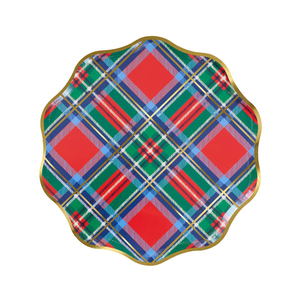 Our Christmas plates, made from paper, feature a tartan design mix in festive colours with shiny gold foil details and a wavy border. Image7