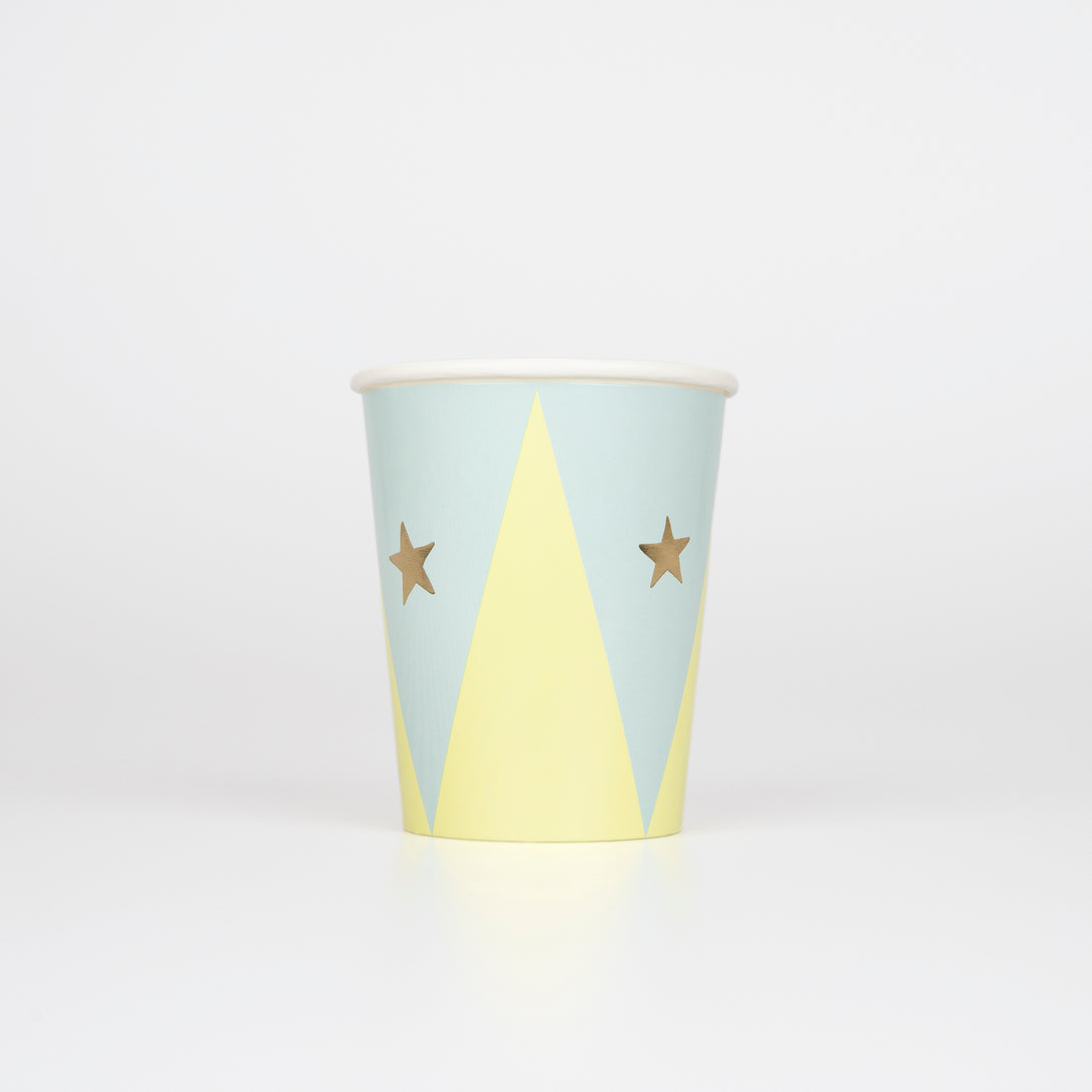 Our circus cups are perfect for a circus themed party, with bright colours and shiny gold foil stars.