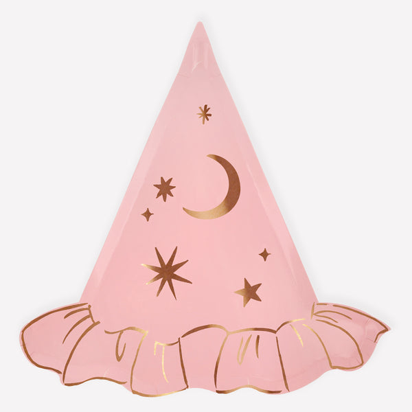 Our pink witch hat plates feature shiny rose gold details for a really stylish look. Image1