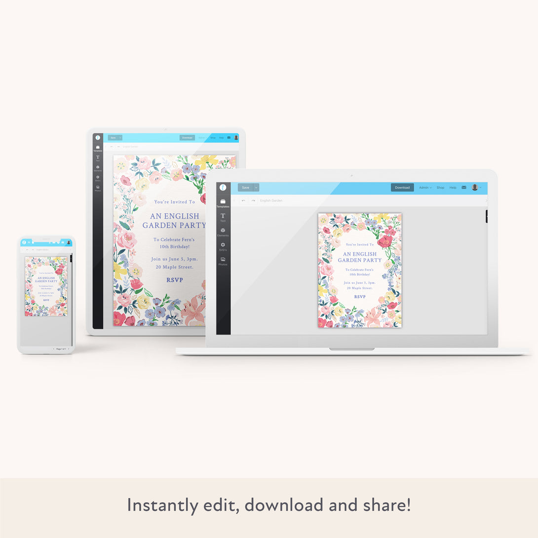 Our stylish digital party invitation includes charming flowers, perfect for a garden party.