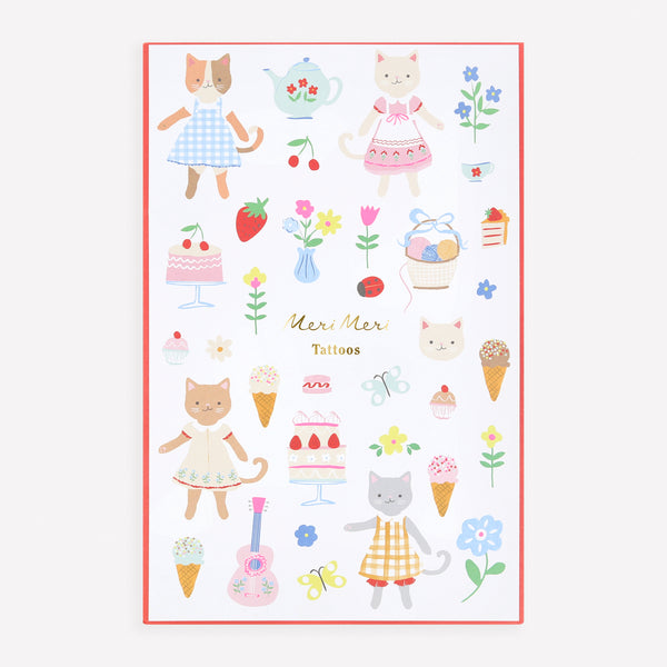 Our temporary tattoos for kids feature colourful and charming designs of kittens and fun icons, perfect for a kitten themed birthday party. Image1