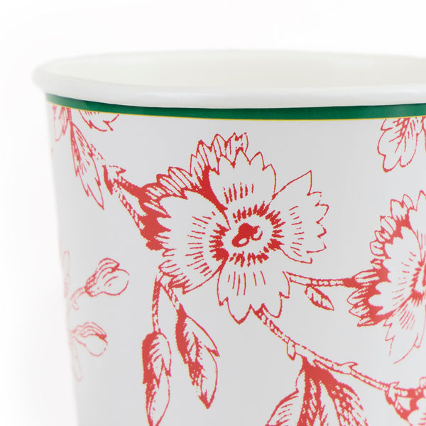 Our Christmas paper cups feature an elegant Toile de Jouy print in red and green, suitable for hot and cold drinks at any festive gathering. Image3