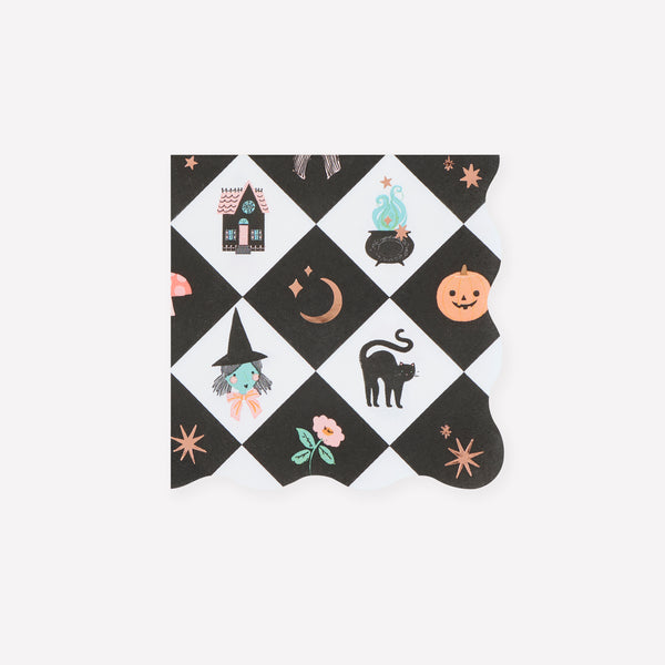 Our Halloween napkins, made from 3-ply paper in a small size, feature fun Halloween characters and icons in a playful patchwork pattern. Image1