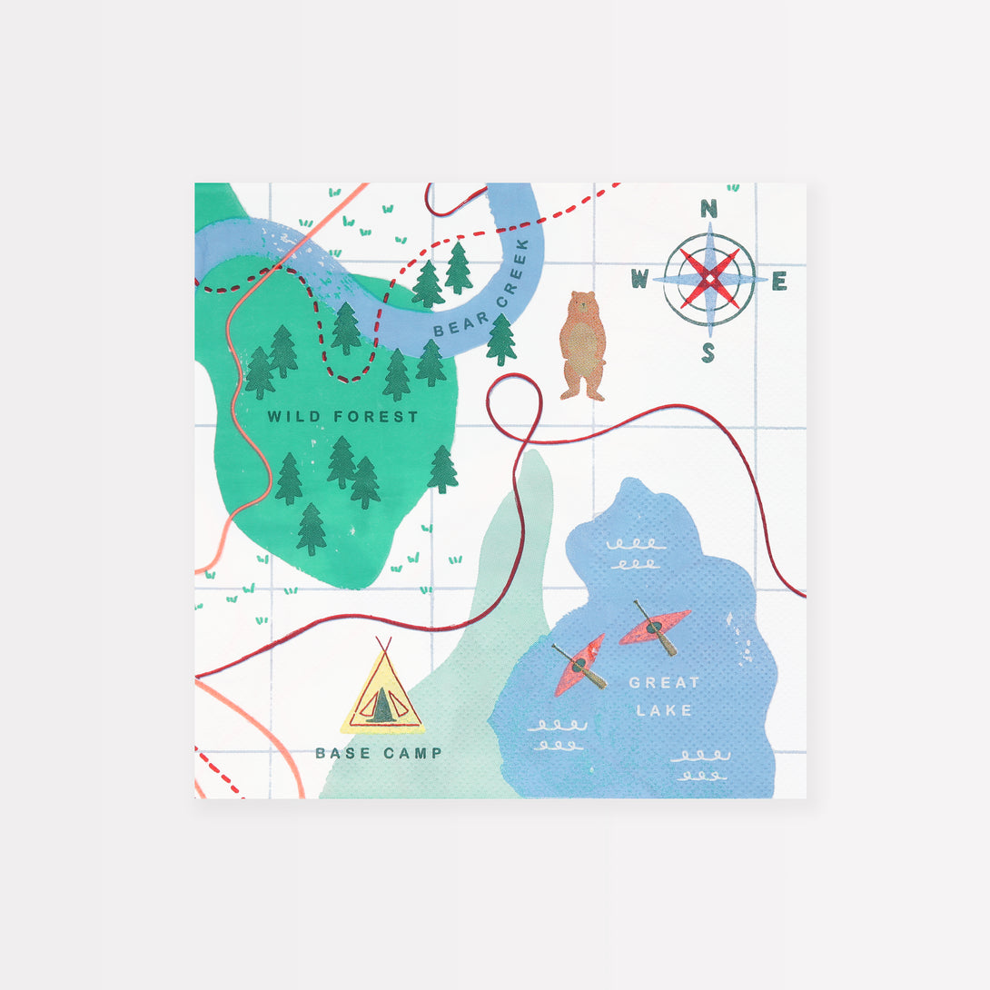 Our party napkins fold out to reveal an adventure map, ideal for outdoor parties and woodland party themes.