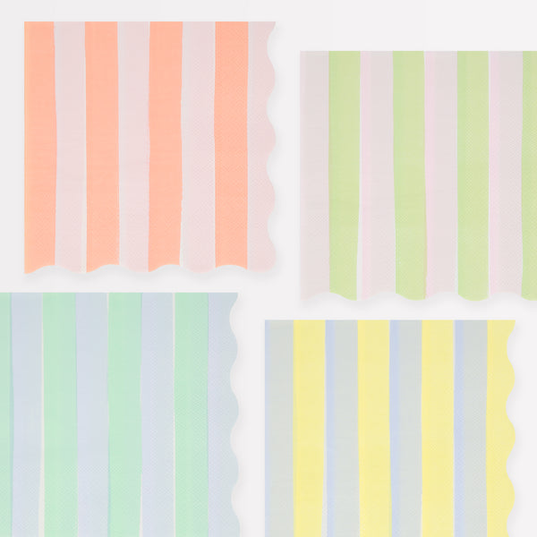 Our pastel striped napkins are large napkins with a wavy edge, ideal as baby shower napkins or garden party napkins.