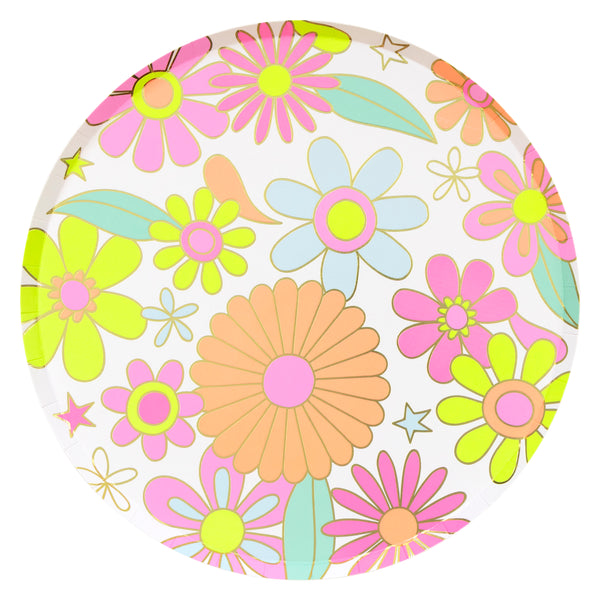 Our dinner plates, made from paper, feature vibrant flower power designs in psychedelic colours, ideal for 70s parties and cocktail parties. Image4