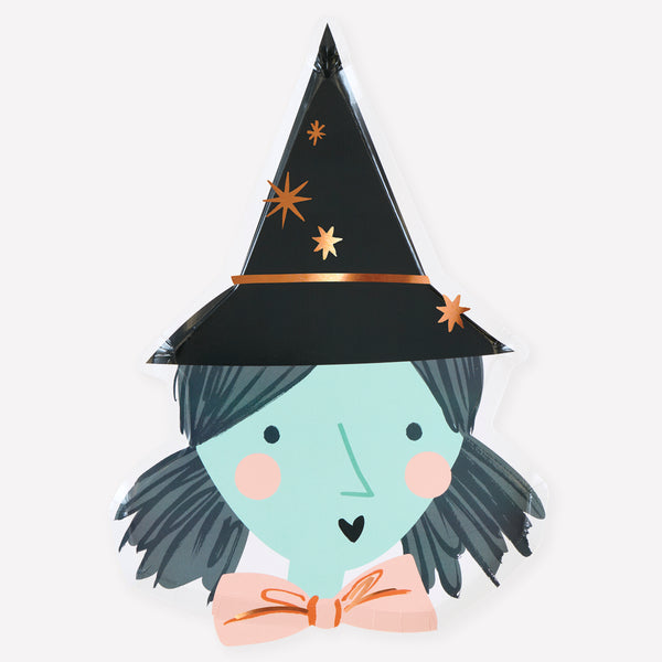 Our paper Halloween plates, featuring a happy witch's face, are perfect for a playful stylish look to enchant all your guests. Image1
