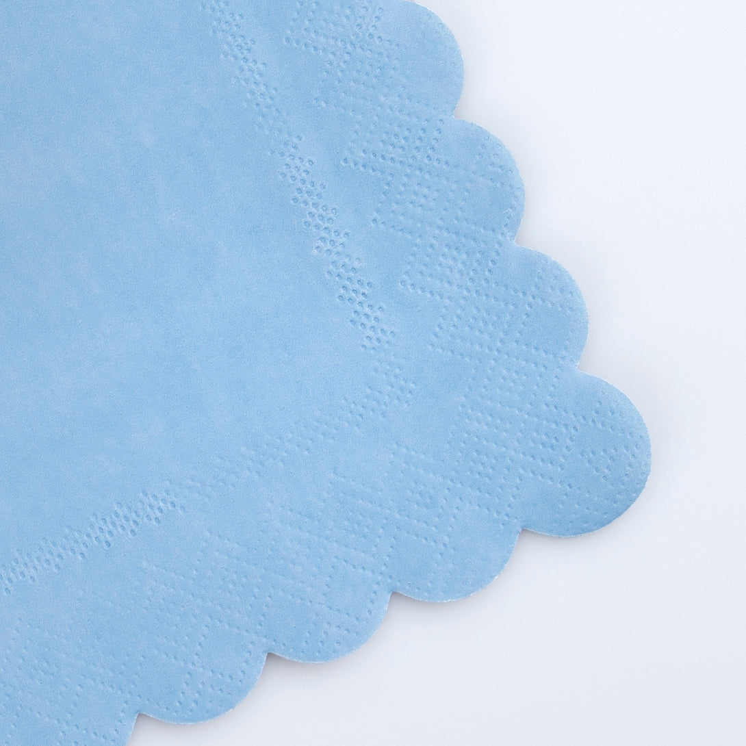 Our party napkins are a beautiful cornflower blue and have a scalloped edge, perfect to add to your birthday party supplies.