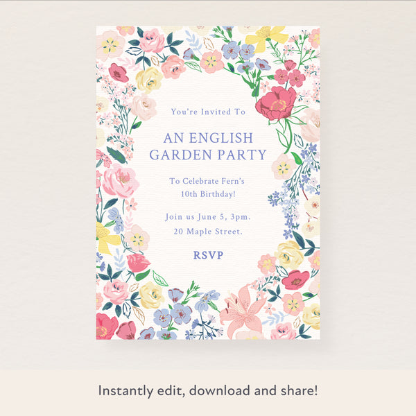 Our stylish digital party invitation includes charming flowers, perfect for a garden party.