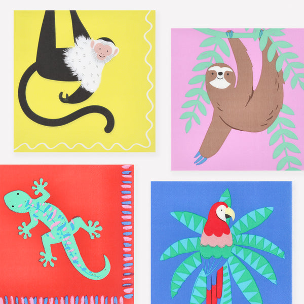 Our large paper napkins feature vibrant rainforest animals, perfect for a jungle party theme. Image1