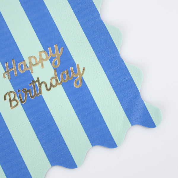 Our large striped party napkins have the words Happy Birthday on them in shiny gold foil. Image2