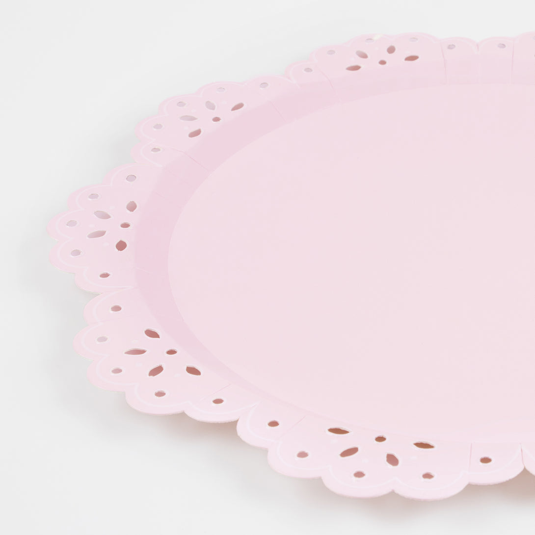 Our pretty party plates with a lace design are the perfect baby shower plates or bridal shower plates.