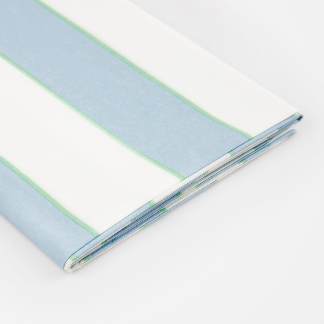 Our paper tablecloth, with a blue stripe, will make any party look stylish.