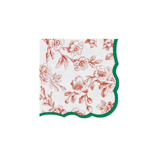 Our small Christmas paper napkins, made from 3-ply paper, feature an elegant Toile de Jouy design in red and green with coordinating borders. Image2