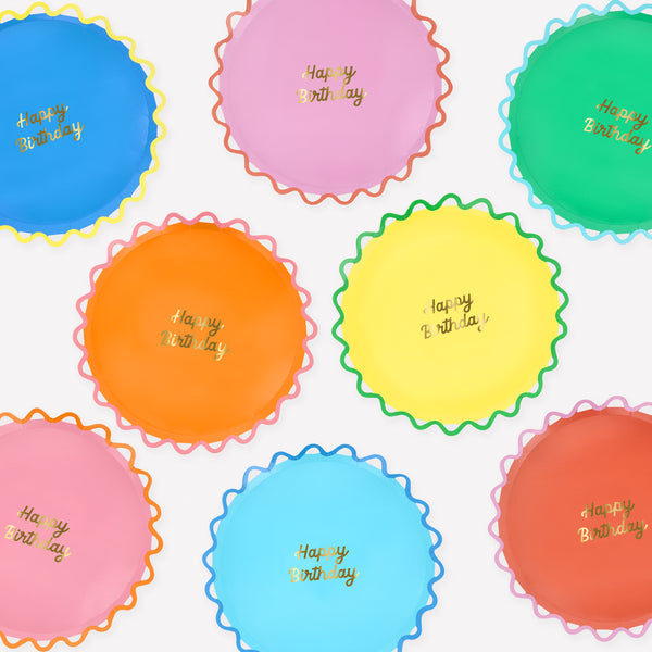 Our side plates are ideal as birthday party plates, featuring bright colours and a Happy Birthday message in shiny gold foil. Image1