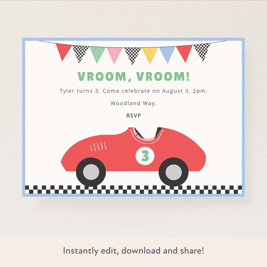 Invite family and friends to your race car party with our wonderful digitval party invitation with car designs.