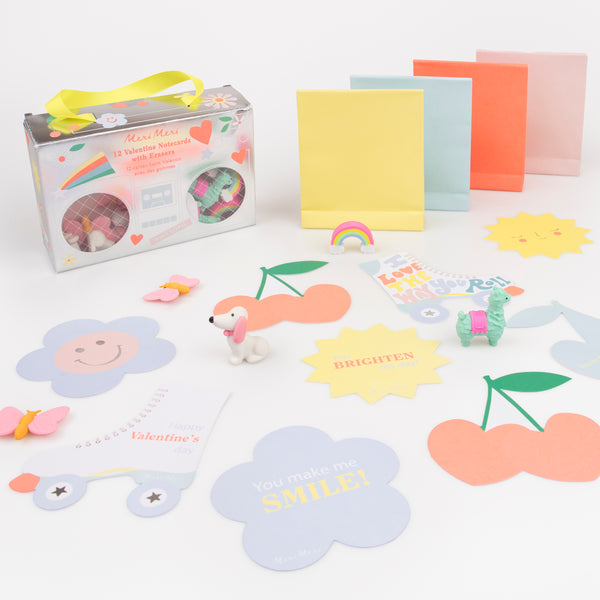 Our Valentine's card set is presented in a paper boom box design and includes cards and animal erasers, the perfect Valentine's cards for kids.