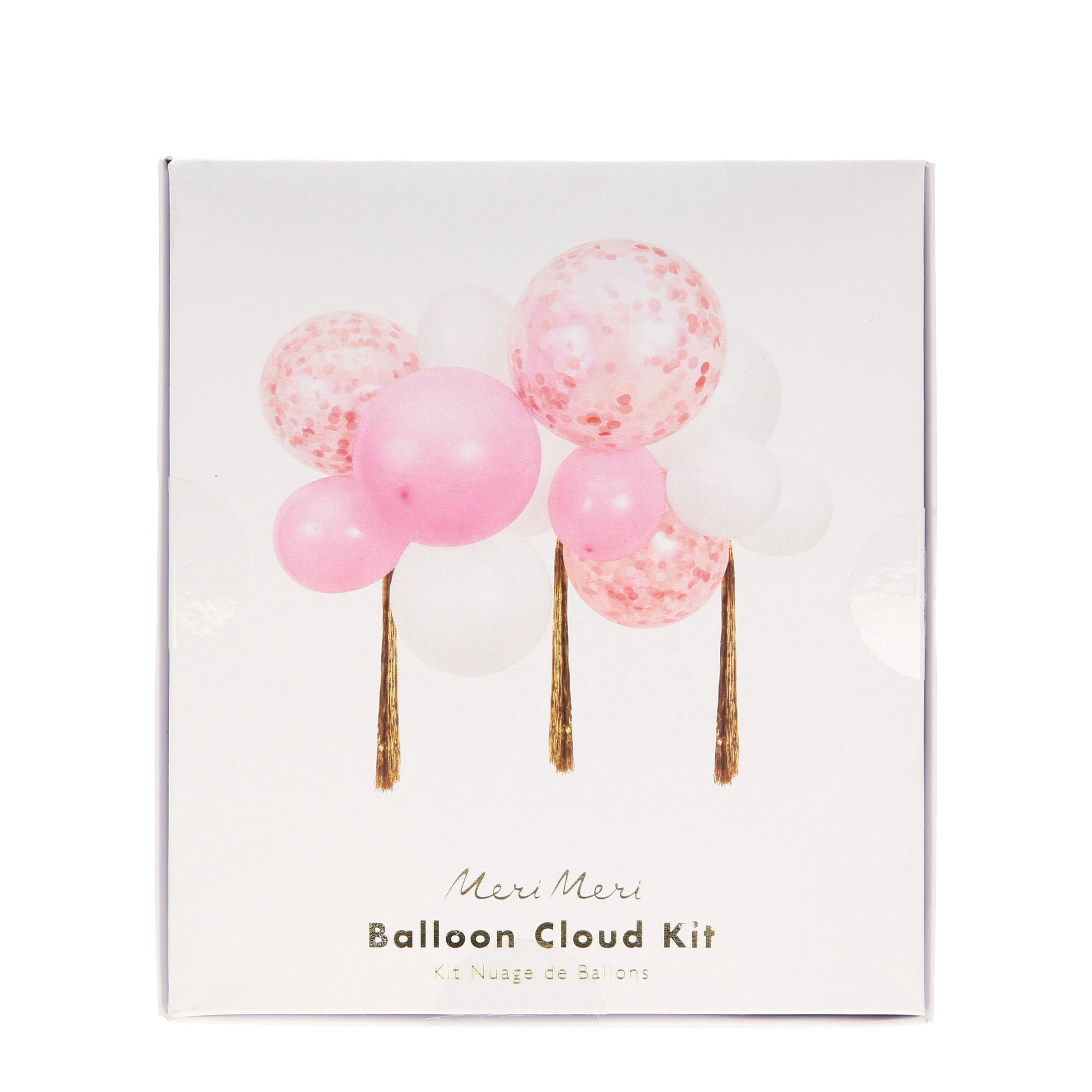 Our balloon kit includes pink balloons, white balloons, confetti balloons and gold streamers.