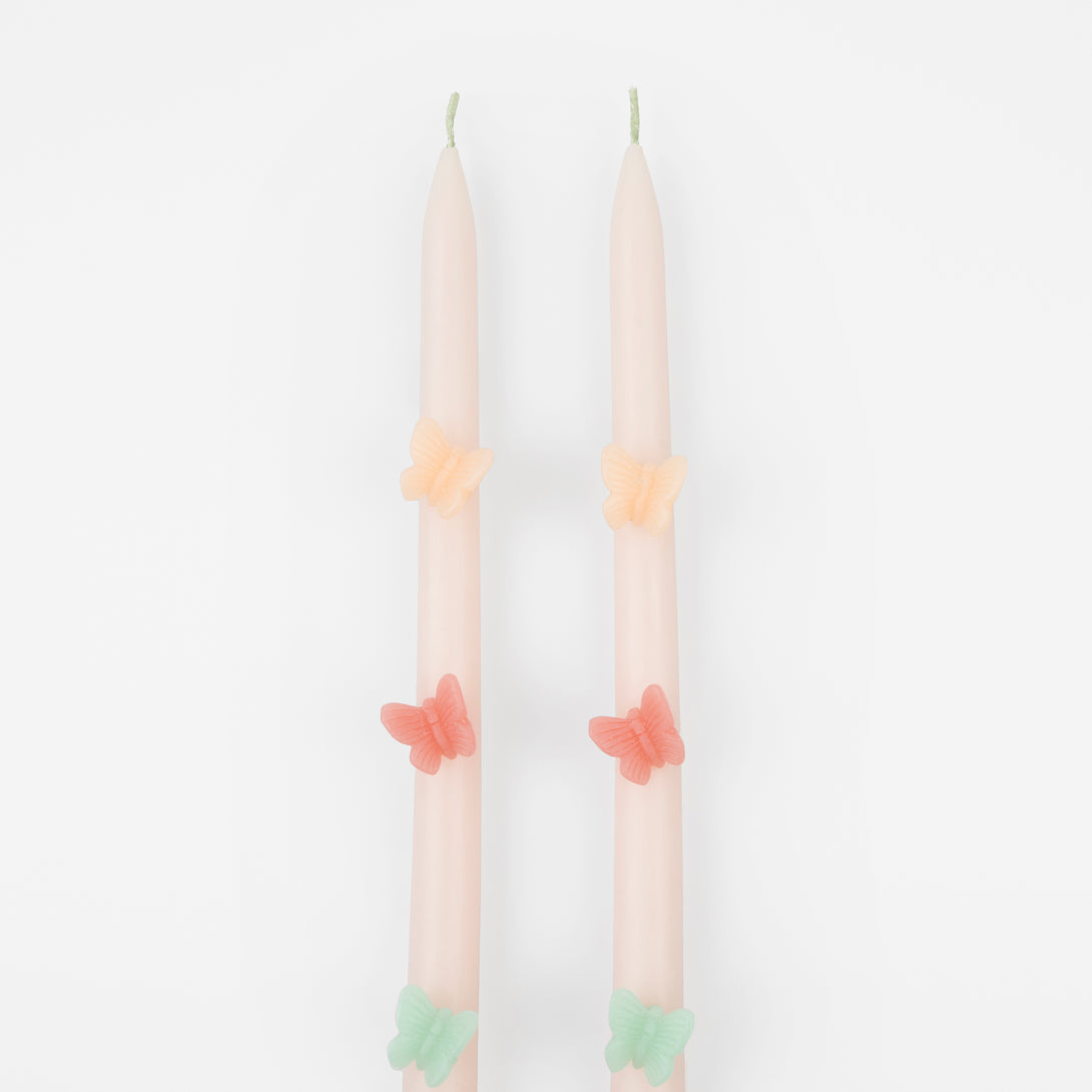 Our tall candles, in pink with coloured wax butterflies, are perfect as princess party candles or fairy party candles.