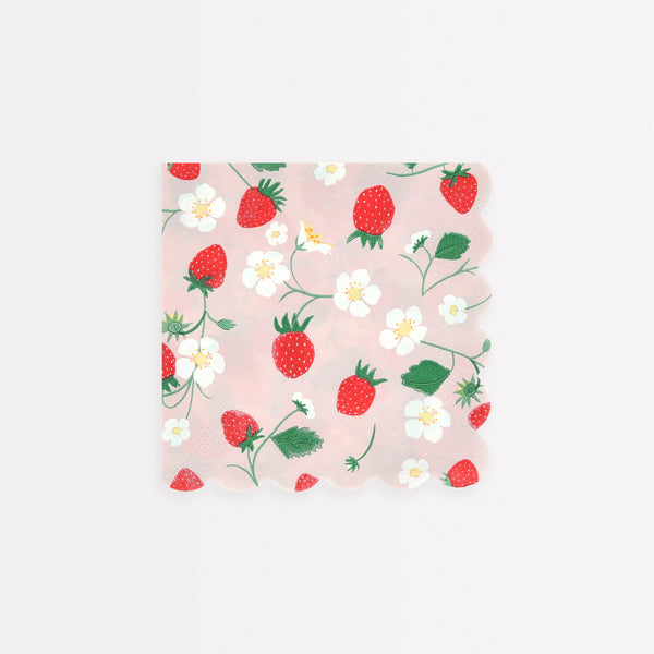 Our party napkins, in a handy small size, have a sweet strawberry design and scalloped edge, use them for picnics or garden parties.